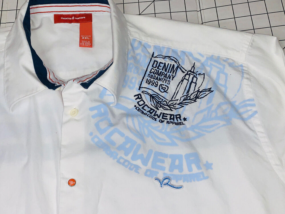 RocaWear Logo Button Up Dress Shirt Mens 3X White Write Out Blue Trim L S GUC